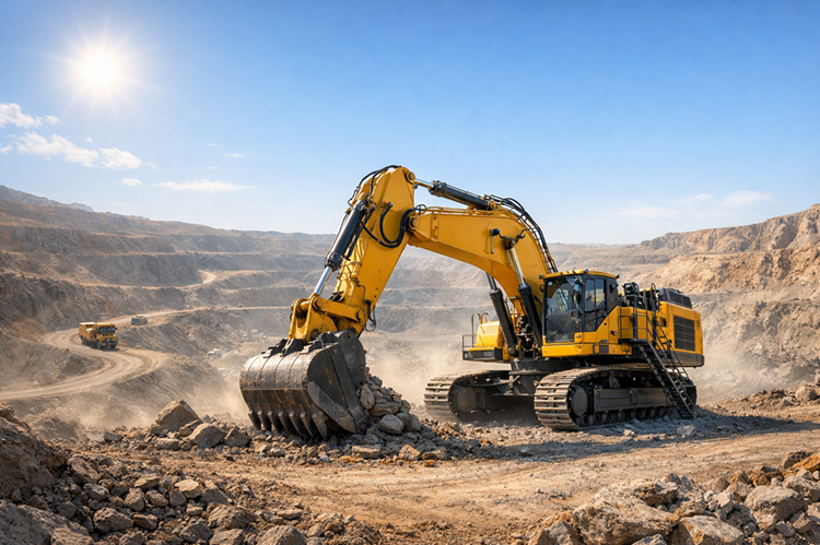 Mining excavator operating at an open-pit site